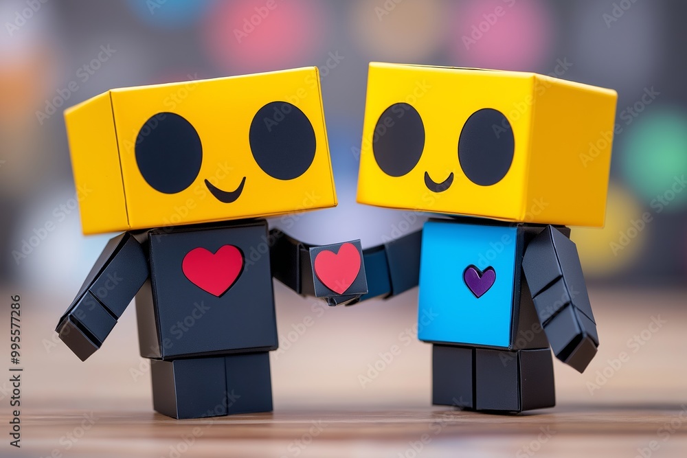 Two robots are holding hands and smiling. One of them has a heart on its chest. The other robot is blue. original and fake, love is all you need Two robots are holding hands and smiling. One of them has a heart on its chest. The other robot is blue. original and fake, love is all you need