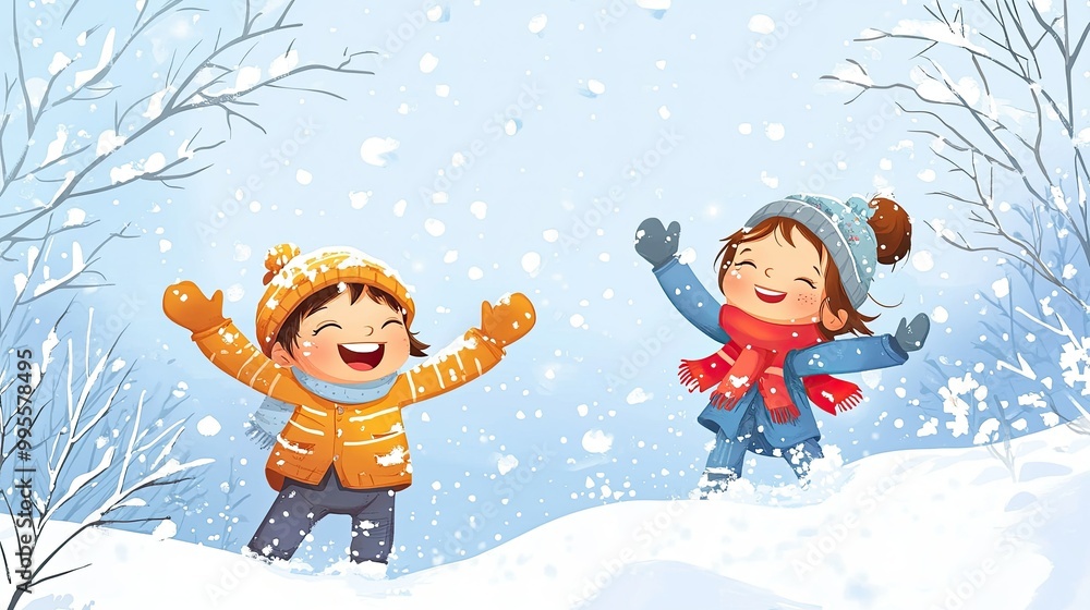 A cartoon happy boy and girl playing in the snow, with plenty of space for text in the winter scene. A cartoon happy boy and girl playing in the snow, with plenty of space for text in the winter scene.