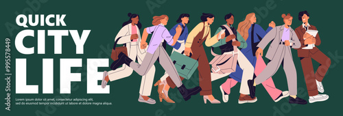 Urban crowd rushing about businesses. Busy people with quick lifestyle hurry to meet deadlines. Employees urgent runs to work. Web banner with concept of fast city life. Flat vector illustration