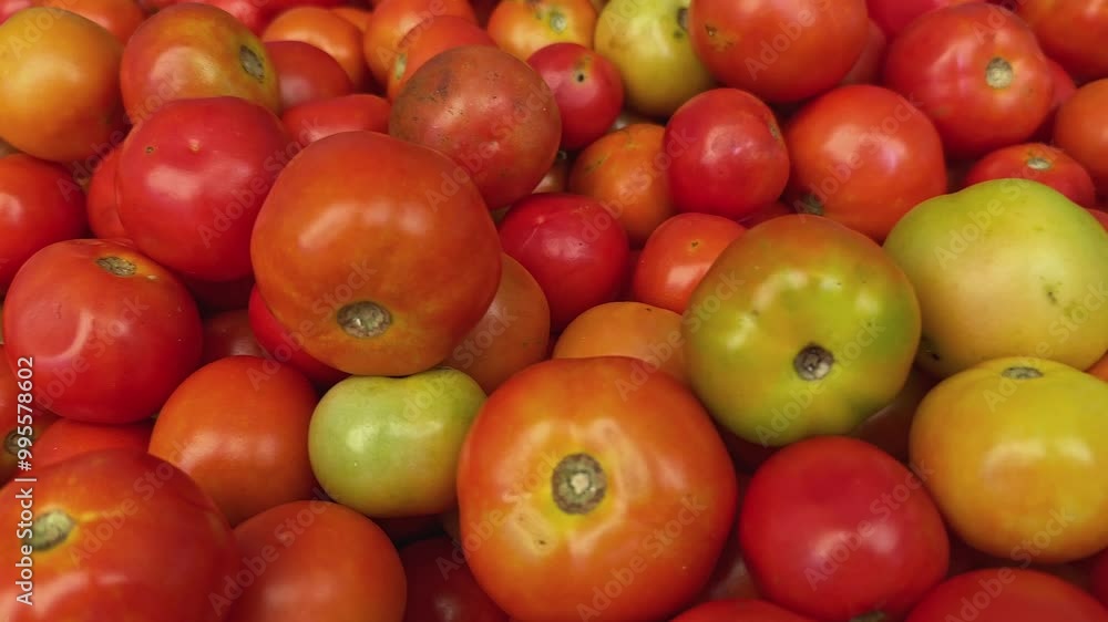 Tracking shot of Fresh tomatoes for sale at the Farmers market, tomato's for sale indian sabzi market Tracking shot of Fresh tomatoes for sale at the Farmers market, tomato's for sale indian sabzi market