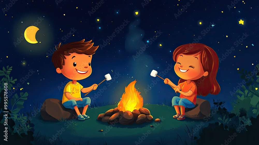 A cartoon happy boy and girl roasting marshmallows by a campfire, with space for text in the starry night. A cartoon happy boy and girl roasting marshmallows by a campfire, with space for text in the starry night.