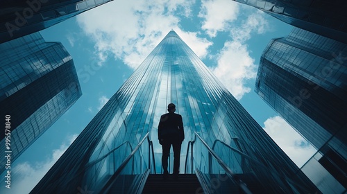 A businessperson ascending an outdoor staircase toward a modern skyscraper symbolizing personal ambition growth and professional success Large space for text in center Stock Photo with copy space