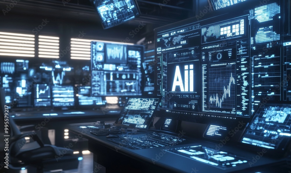 Blue-lit computer screens display AI data. Blue-lit computer screens display AI data.