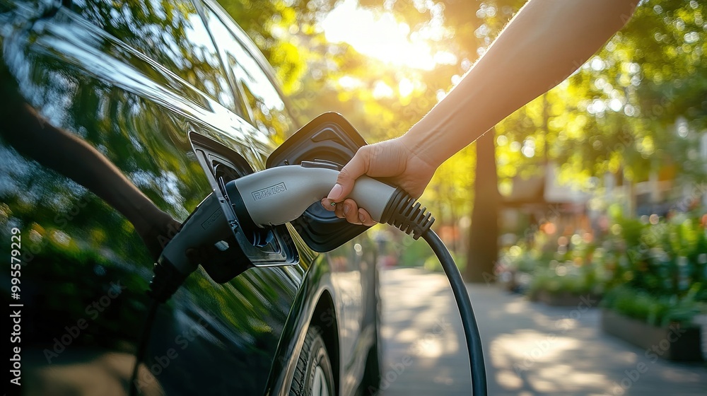 A person plugs in a charging cable into an electric vehicle, with sunlight filtering through trees, highlighting a green energy theme. A person plugs in a charging cable into an electric vehicle, with sunlight filtering through trees, highlighting a green energy theme.