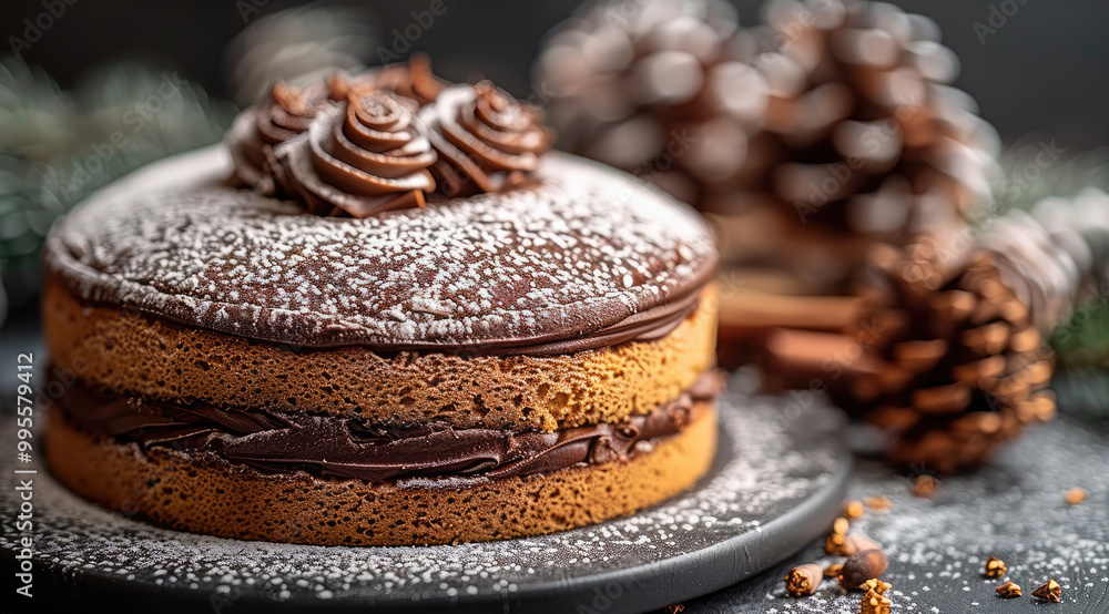 Close-up of a cake with chocolate frosting, dusted with powdered sugar, surrounded by pine cones. Close-up of a cake with chocolate frosting, dusted with powdered sugar, surrounded by pine cones.