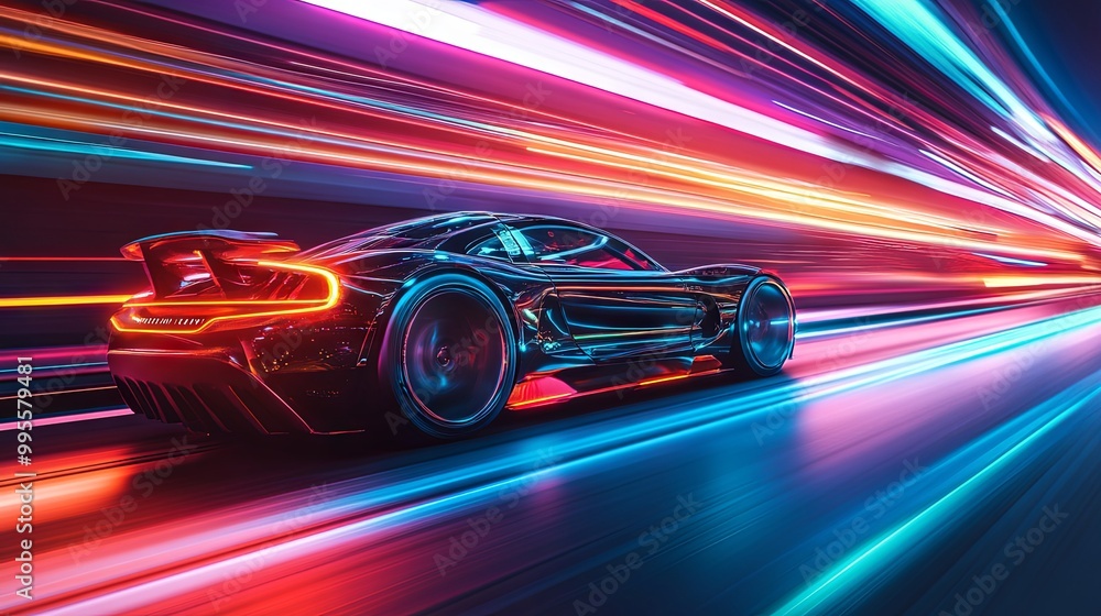 Futuristic Car on a Digital Highway Futuristic Car on a Digital Highway