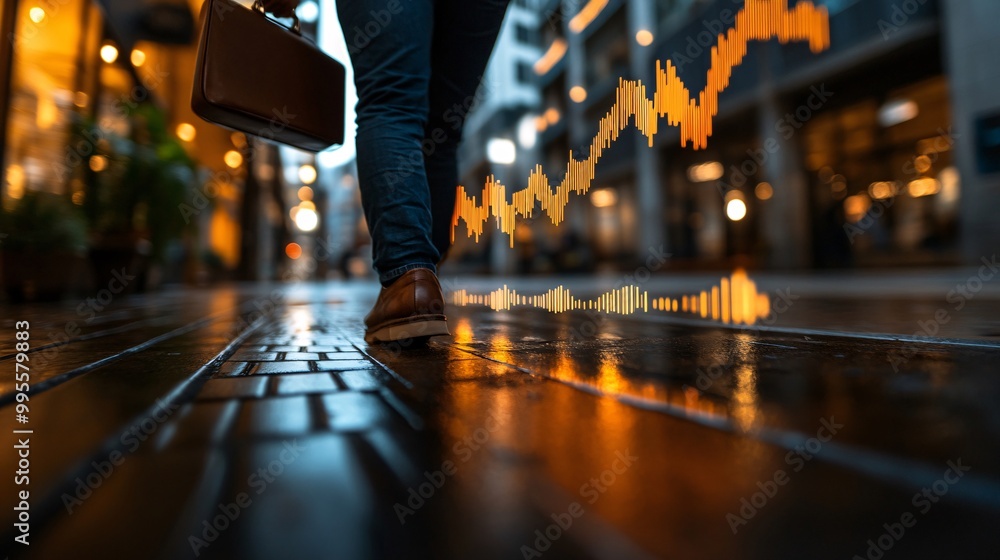 Fototapeta premium A financial chart with upward movement accompanied by a person holding a briefcase symbolizing business growth achievement and career advancement Large space for text in center Stock Photo with copy