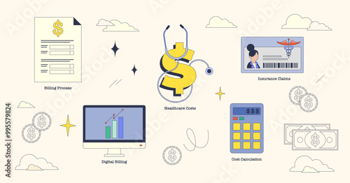 Illustration of medical billing elements with stethoscope, dollar sign, and computer in neubrutalism style collection.