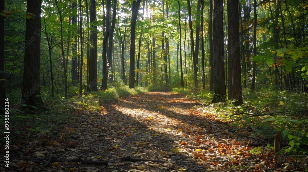 Obraz premium A tranquil forest path featuring towering trees, soft dappled sunlight, and a rich carpet of colorful fallen leaves.
