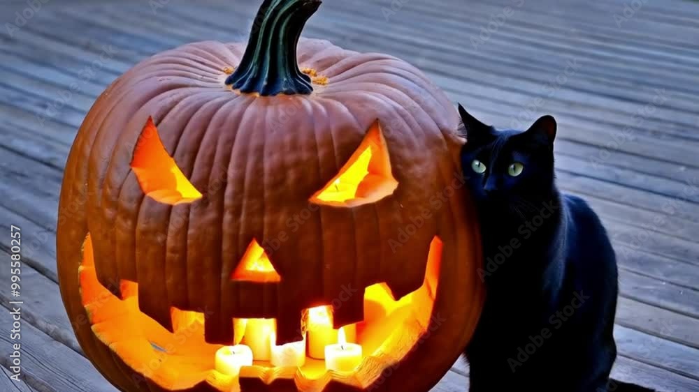 Large Halloween Pumpkin with Toothy Smile, Lit by Candles, on a Wooden Deck with Black Cat Large Halloween Pumpkin with Toothy Smile, Lit by Candles, on a Wooden Deck with Black Cat