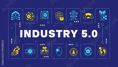 Industry 5 dark blue word concept. Smart city. Internet of everything. 6G technology. Sustainability. Visual communication. Vector art with lettering text, editable glyph icons. Hubot Sans font used
