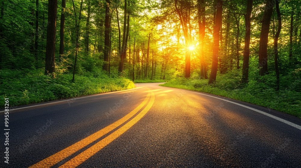 A winding road disappearing into a forested landscape symbolizing the ongoing journey toward achieving personal and professional goals Large space for text in center Stock Photo with copy space A winding road disappearing into a forested landscape symbolizing the ongoing journey toward achieving personal and professional goals Large space for text in center Stock Photo with copy space