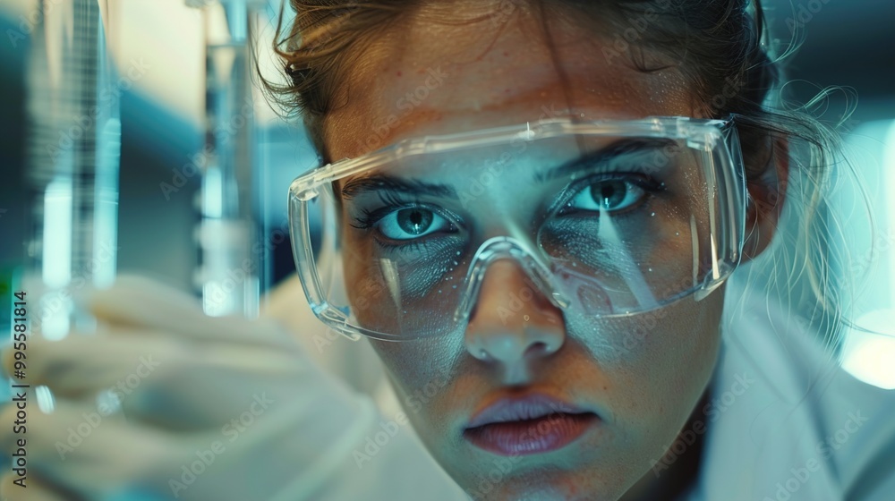A laboratory scientist wearing protective gloves, a face shield, and a lab coat, their expression showing curiosity and careful precision as they handle a test sample. A laboratory scientist wearing protective gloves, a face shield, and a lab coat, their expression showing curiosity and careful precision as they handle a test sample.