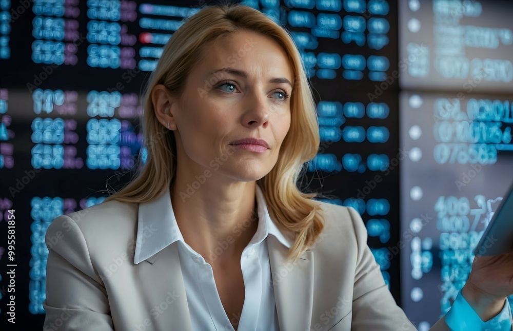 Strategic Vision: A focused businesswoman analyzes financial data on large digital screens, showcasing determination and expertise in the modern finance world. Strategic Vision: A focused businesswoman analyzes financial data on large digital screens, showcasing determination and expertise in the modern finance world.