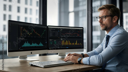 Strategic Focus: A discerning businessman analyzes market trends on dual monitors, showcasing meticulous attention to detail and strategic decision-making in a modern office setting.