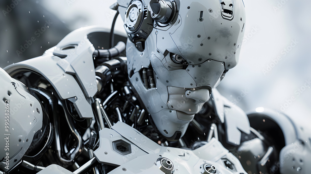 Fototapeta premium Portrait of an android robot, concept of technical support. Neural network AI generated art