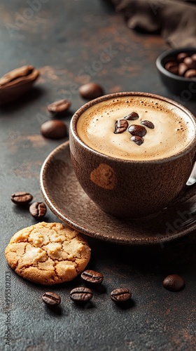 A coffee cup with a cookie beside it, with free space for text photo