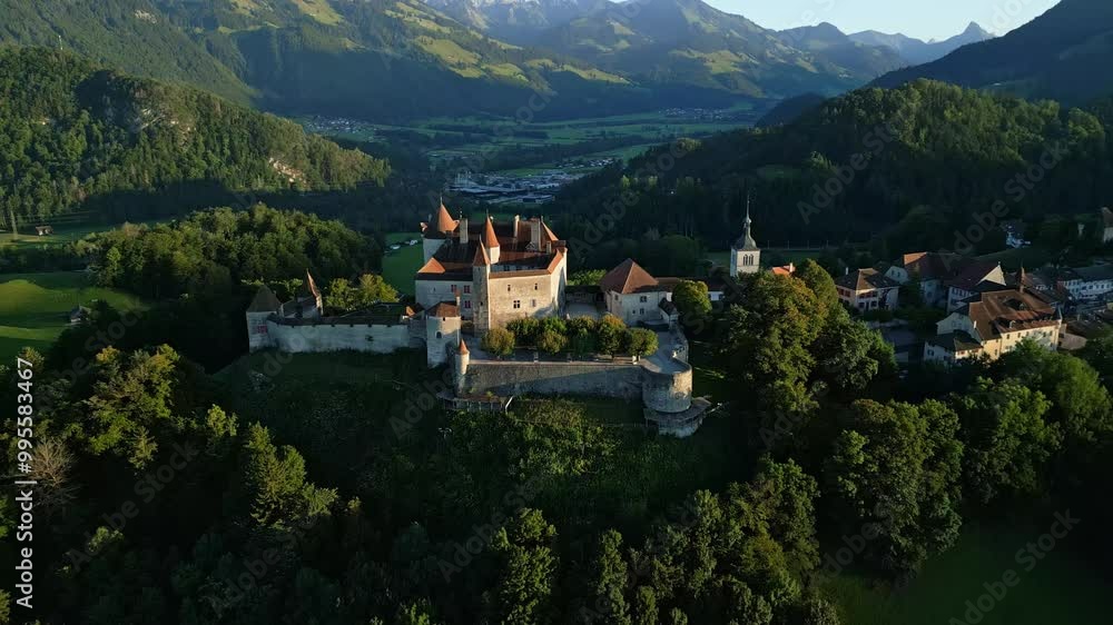 Push out drone shot of Gruyeres Castle in Canton of Fribourg in Switzerland. Push out drone shot of Gruyeres Castle in Canton of Fribourg in Switzerland.