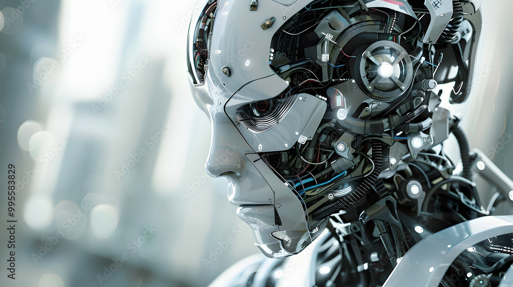 Fototapeta premium Portrait of an android robot, concept of technical support. Neural network AI generated art