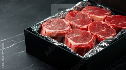 High-quality ribeye steaks neatly arranged in a black box. Perfect for culinary enthusiasts who appreciate fresh meat for grilling or special meals. photo