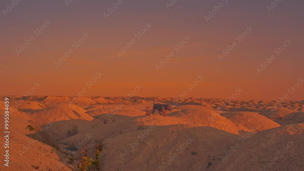 A running dog against the background of a sandy landscape bathed in the light of sunset twilight. A running dog against the background of a sandy landscape bathed in the light of sunset twilight.