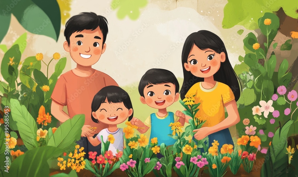 Family enjoying flowers in garden. Family enjoying flowers in garden.