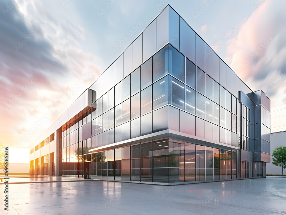 Modernized factory with sleek architecture, featuring large glass windows and contemporary design. sunset casts warm glow, enhancing buildings aesthetic appeal Modernized factory with sleek architecture, featuring large glass windows and contemporary design. sunset casts warm glow, enhancing buildings aesthetic appeal