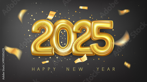 Happy new year 2025, realistic golden foil number balloons with serpentine, tinsel.