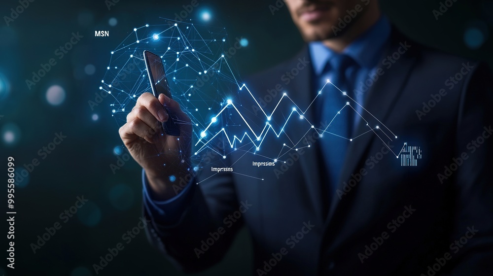 Fototapeta premium A business professional analyzes data insights using a digital interface, showcasing a graph of fluctuating market trends.