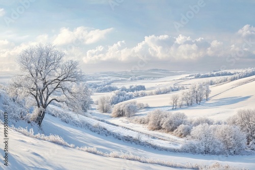 Idyllic Snowy Hills and Frosty Trees in a Peaceful Winter Countryside Scene