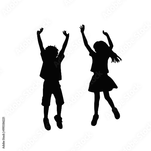 kids with arms in the air silhouette vector illustration transparent background