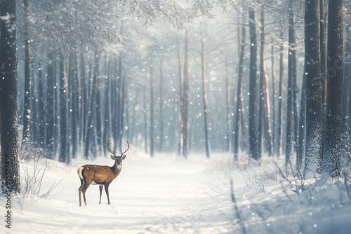 A deer stands quietly in a snowy forest photo