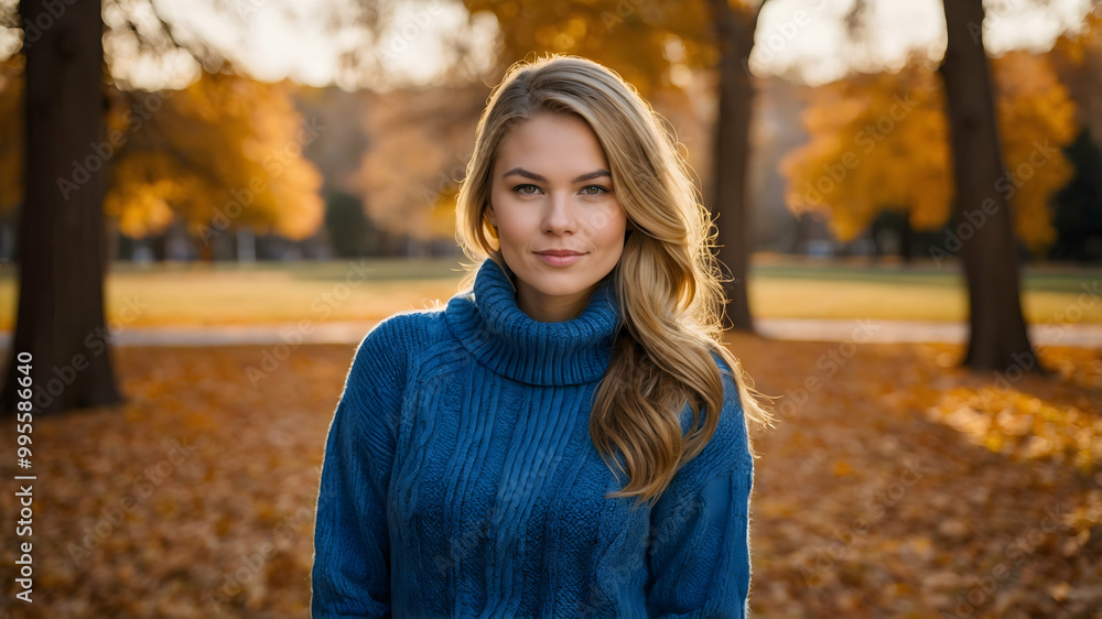 Autumn Beauty: A young woman with long blonde hair, wearing a teal turtleneck sweater, stands confidently in an autumnal park, surrounded by fallen leaves. Autumn Beauty: A young woman with long blonde hair, wearing a teal turtleneck sweater, stands confidently in an autumnal park, surrounded by fallen leaves.