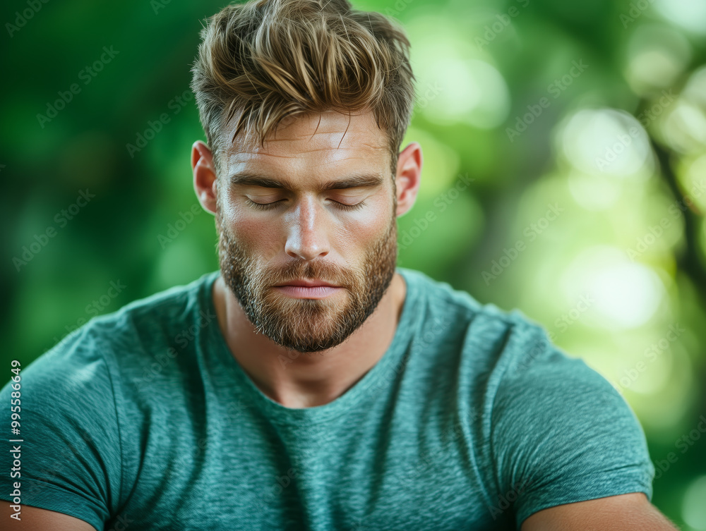 Man meditating outdoors in forest Man meditating outdoors in forest