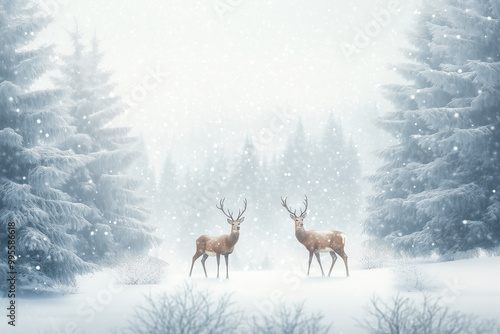 Two deer stand calmly in a snowy forest landscape