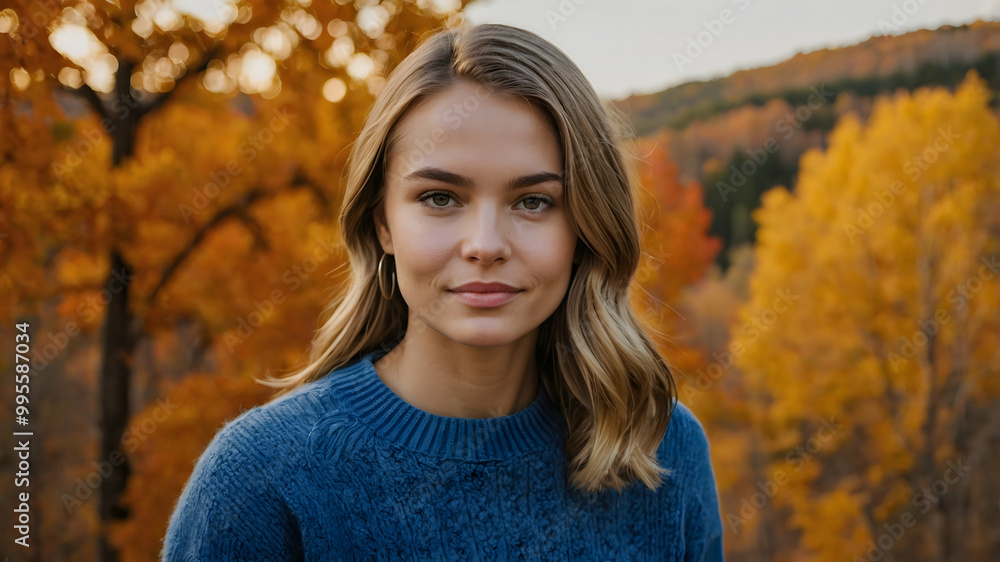 Autumn Portrait: A young woman with long brown hair and a soft smile, wearing a blue sweater, stands against a backdrop of vibrant autumn foliage. Autumn Portrait: A young woman with long brown hair and a soft smile, wearing a blue sweater, stands against a backdrop of vibrant autumn foliage.