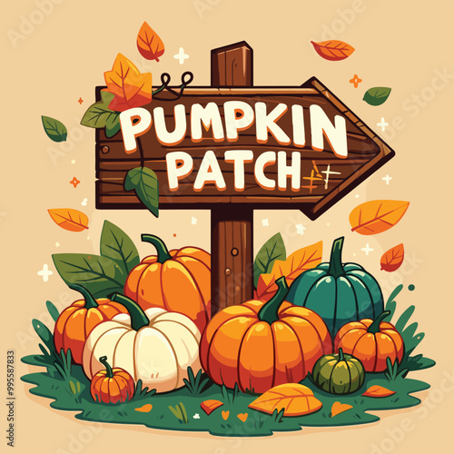 Whimsical pumpkin patch sign with colorful pumpkins and autumn leaves, perfect for fall promotions