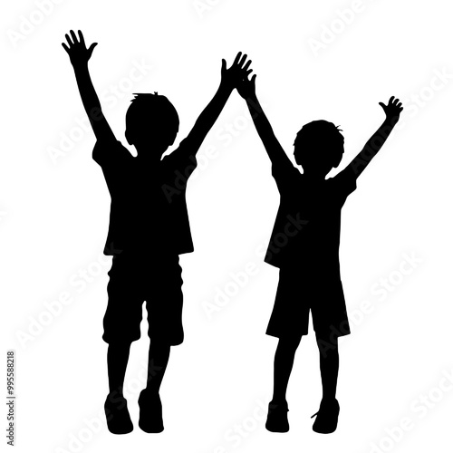 kids raising hands flat vector design - silhouette vector   transparent background