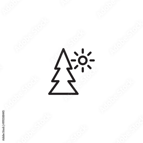 Pine tree and sun icon. Pine tree with sun shining icon. Minimalist pine tree and sun line icon.