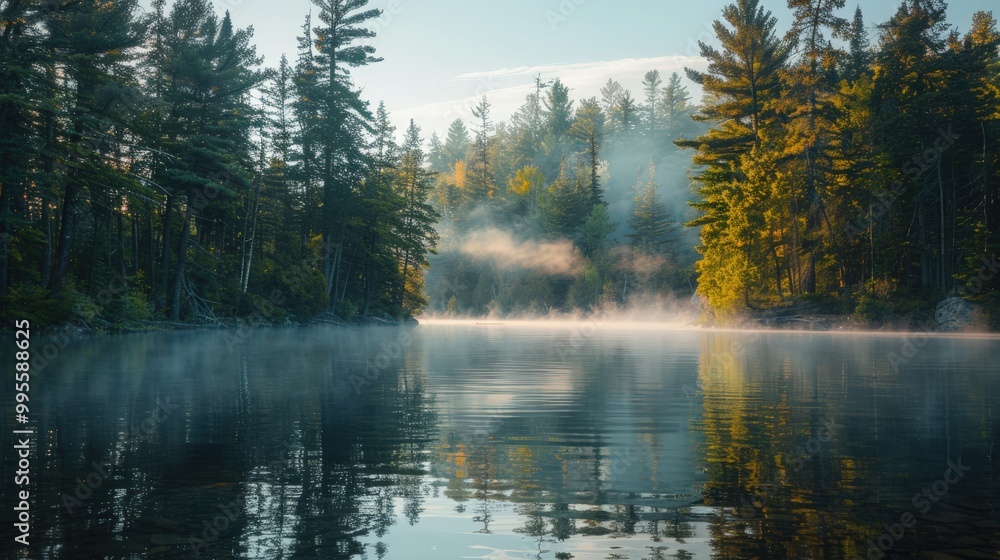 A peaceful lake framed by towering pines, where gentle mist rises from the water and morning sunlight dances through the branches. A peaceful lake framed by towering pines, where gentle mist rises from the water and morning sunlight dances through the branches.