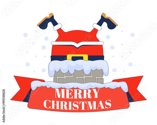 Stuck Santa upside down chimney greeting Merry Christmas 2D illustration concept. Humorous santaclaus greetingcard cartoon postcard isolated on white. Funny Xmas metaphor abstract flat vector graphic