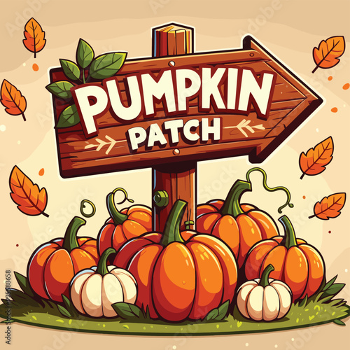 Colorful pumpkins beneath a wooden sign Pumpkin Patch, autumn illustration, perfect for fall decor