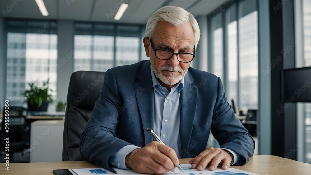 Focused on the Task: A seasoned businessman in a suit and glasses sits at his desk, meticulously analyzing financial data. Focused on the Task: A seasoned businessman in a suit and glasses sits at his desk, meticulously analyzing financial data.