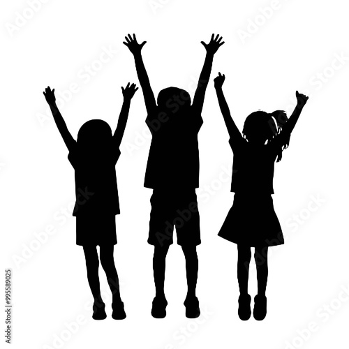 kids raising hands flat vector design - silhouette vector   transparent background