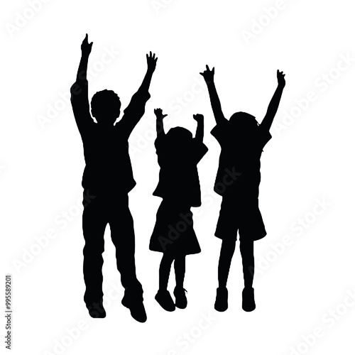 kids raising hands flat vector design - silhouette vector   transparent background