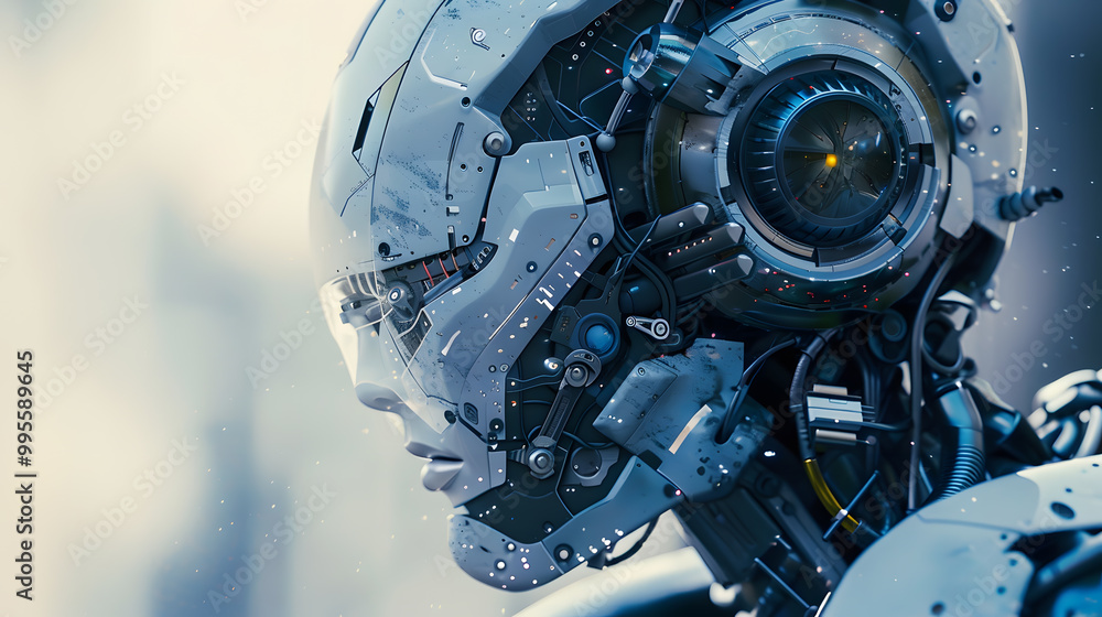 Fototapeta premium Portrait of an android robot, concept of technical support. Neural network AI generated art