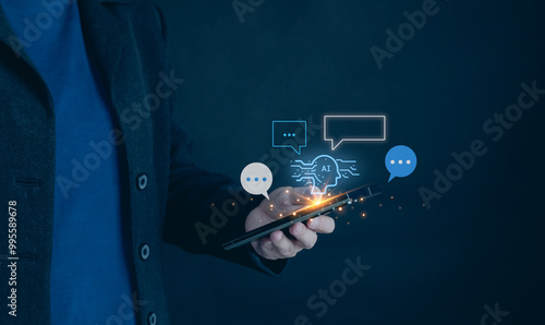 Concept of ai Intelligence and mobile technology. Man using Phone chatting, Generative Edit, Live Translate, Circle to Search, Chatbot assistant conversation. generative AI. innovation. smartphone. photo