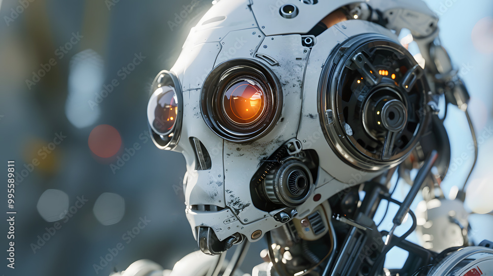 Fototapeta premium Portrait of an android robot, concept of technical support. Neural network AI generated art