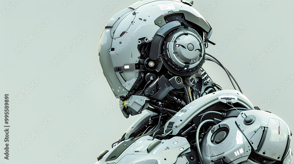 Fototapeta premium Portrait of an android robot, concept of technical support. Neural network AI generated art