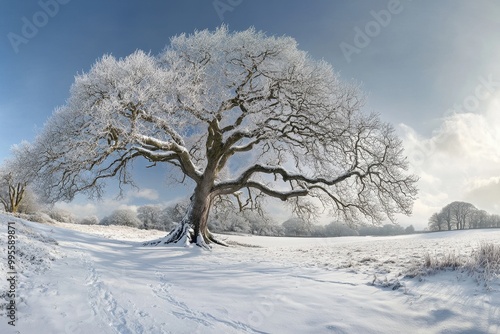 Frosty Beech Tree on a Scenic Hillside in the Snowy English Countryside During Wintertime